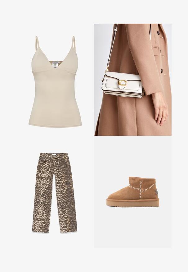 Faux fur cropped jakke i lys beige, med en bred krave og lange ærmer, der har en blød, fluffy tekstur og ingen synlige lukninger.; Beige tank top med V-hals design og justerbare spaghetti-stropper. Fremstillet af glat, strækbart stof med en tætsiddende silhuet.; Leopardskindede denimjeans med en neutral beige og brun farvepalet, lige ben-design og traditionelle lomme-detaljer.; Brune ruskinds ankelstøvler med rund tå, hvid dekorativ syning og en tan gummisål med et zigzag-mønster.; Hvid læder crossbody taske med en guldspænde, præsenterer et struktureret design, kontrasterende kanter og en tynd justerbar strop.
