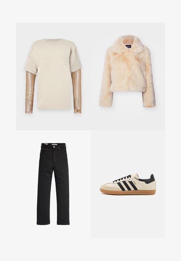 Faux-Fur-gekürzte Jacke in hellem Beige, mit breitem Kragen und langen Ärmeln, einer weichen, flauschigen Textur und ohne sichtbare Verschlüsse.; Beige T-Shirt mit kurzen Ärmeln und langen Ärmeln aus metallic goldenem Fischernetz. Der Stoff ist glatt, und das Design umfasst einen runden Halsausschnitt.; Schwarze Denim-Jeans mit geradem Bein, hoher Taille, fünf Taschen, Metallknopfverschluss und minimalen Stitching-Details.; Beige Sport Schuh mit schwarzen Streifen, Gummisohle und schwarzen Akzenten. Verfügt über ein Obermaterial aus glattem Leder und ein rundes Zehendesign.