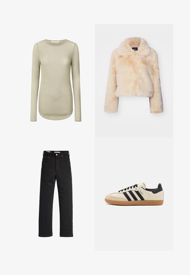 Faux-Fur-gekürzte Jacke in hellem Beige, mit breitem Kragen und langen Ärmeln, einer weichen, flauschigen Textur und ohne sichtbare Verschlüsse.; Helles beiges Langarmshirt mit rundem Ausschnitt und abgerundetem Saum. Hergestellt aus weichem, glattem Stoff mit minimalen Nähten und ohne Muster.; Schwarze Denim-Jeans mit geradem Bein, hoher Taille, fünf Taschen, Metallknopfverschluss und minimalen Stitching-Details.; Beige Sport Schuh mit schwarzen Streifen, Gummisohle und schwarzen Akzenten. Verfügt über ein Obermaterial aus glattem Leder und ein rundes Zehendesign.