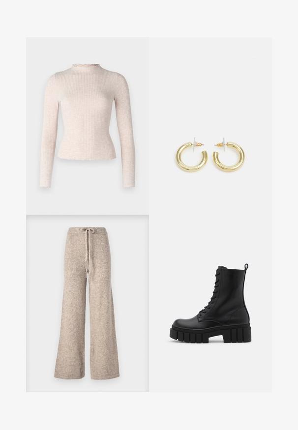 Šviesiai bežinis dirbtinio kailio trumpas švarkas su plačiu apykakle ir ilgomis rankovėmis, minkšta ir pūkuota tekstūra, be matomų užsegimų.; Šviesiai rožinė ilgomis rankovėmis palaidinė su šonkaulinio audinio tekstūra, turinti banguotą iškirpimą ir apačią. Prisiūtas dizainas su minkšta, tampraus audinio medžiaga.; Šviesiai rudos plačios kelnės, pagamintos iš tekstūruoto mezgimo audinio, su raišteliu juosmenyje ir laisvu kirpimu.; Juodos odinės kulkšnės botai su masyviu, dantytu padu, raištelių užsegimu priekyje ir kilpeliu ant sklandaus balto fono.; Aukso auskarai su lygiu, blizgiu paviršiumi. Apvalus dizainas su maža užrakto dalimi ir skaidria atrama saugiam nešiojimui.