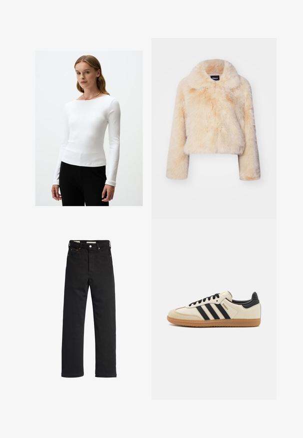 Kurtka z sztucznego futra w jasnym beżu, z szerokim kołnierzem i długimi rękawami, o miękkiej, puszystej fakturze, bez widocznych zapięć.; Biały, długi rękaw, prążkowany top z okrągłym dekoltem, o dopasowanym kroju i gładkiej teksturze, zestawiony z czarnymi spodniami. Prosty design.; Czarne dżinsy w prostym kroju, z wysokim stanem, pięcioma kieszeniami, metalowym zapięciem i minimalnymi detalami przeszyć.; Beżowe buty sportowe z czarnymi paskami, gumową podeszwą i czarnymi akcentami. Posiadają górną część z gładkiej skóry oraz okrągły kształt noska.