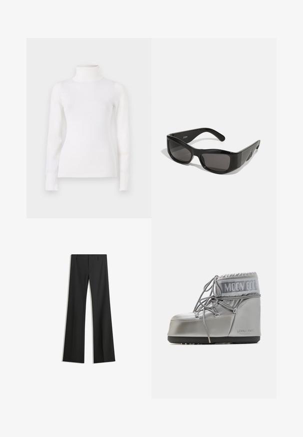 Faux-Fur-gekürzte Jacke in hellem Beige, mit breitem Kragen und langen Ärmeln, einer weichen, flauschigen Textur und ohne sichtbare Verschlüsse.; Weißer Rollkragenpullover, körperbetontes Design, lange Ärmel, weicher Stoff, glattes Material, minimale Details, gerippte Bündchen und Kragen.; Schwarze weit geschnittene Hosen aus glattem Stoff, mit hoher Taille und klaren Linien, ohne sichtbare Muster oder Verzierungen.; Silberner wasserdichter Stiefel mit runder Form, strukturiertem Finish und grauen Schnürsenkeln. Besitzt ein großes "MOON BOOT"-Logo im oberen Bereich.; Schwarze rechteckige Sonnenbrille mit dunklen Gläsern, aus glänzendem Kunststoff gefertigt. Das Gestell hat scharfe Winkel und ein markantes Logo am Bügel.; MM6 Maison Margiela SMALL JAPANESE - Shopping Bag - black