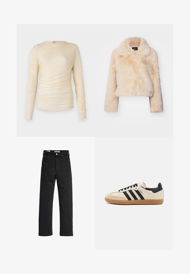 Faux-Fur-gekürzte Jacke in hellem Beige, mit breitem Kragen und langen Ärmeln, einer weichen, flauschigen Textur und ohne sichtbare Verschlüsse.; Kremfarbener Langarmoberteil, mit geraffter Textur und leicht taillierter Silhouette. Weicher Stoff mit rundem Halsausschnitt und glatten Nähten.; Schwarze Denim-Jeans mit geradem Bein, hoher Taille, fünf Taschen, Metallknopfverschluss und minimalen Stitching-Details.; Beige Sport Schuh mit schwarzen Streifen, Gummisohle und schwarzen Akzenten. Verfügt über ein Obermaterial aus glattem Leder und ein rundes Zehendesign.