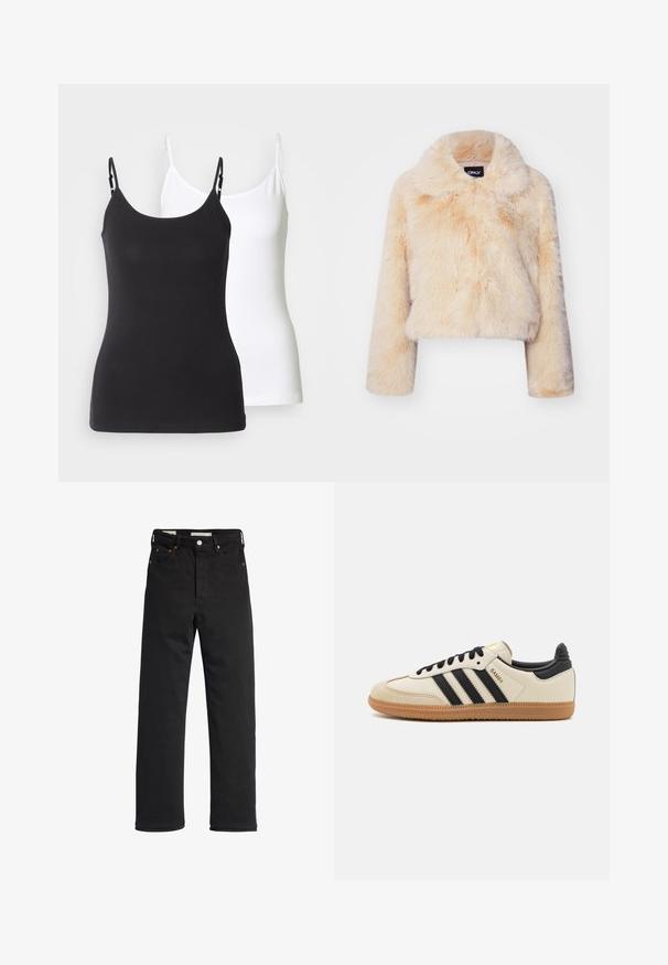 Korkeaa tekoturkista lyhyt takki vaaleanbeige värissä, jossa on leveä kaulus ja pitkät hihat, pehmeä ja pörröinen pinta ilman näkyviä kiinnityksiä.; Mustat ja valkoiset puuvillaiset toppitunikat, joissa on säädettävät ohuet hihnat, muotoiltu malli ja sileä pinta.; Mustat denim-farkut suoranlahkeisella istuvuudella, joissa on korkea vyötärö, viisi taskua, metallinappikiinnitys ja vähäiset ommellusyksityiskohdat.; Beige urheilukenkä mustilla raidoilla, kumipohjalla ja mustilla yksityiskohdilla. Ominaisuuksiin kuuluu sileä nahkainen päällinen ja pyöristetty kärjen muoto.