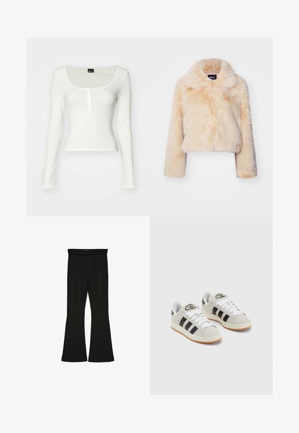 Faux-Fur-gekürzte Jacke in hellem Beige, mit breitem Kragen und langen Ärmeln, einer weichen, flauschigen Textur und ohne sichtbare Verschlüsse.; Weißes Langarmoberteil mit U-Boot-Ausschnitt und einer Knopfleiste. Hergestellt aus glattem Stoff mit einer taillierten Silhouette und ohne sichtbare Muster.; Schwarze Schlagleggings aus dehnbarem Stoff. Sie verfügen über einen breiten Bund und eine glatte Textur, mit einer enganliegenden Silhouette, die am Saum ausgestellt ist.; Graue Wildledersneaker mit weißen Schnürsenkeln, schwarzen Streifen und einer weißen Gummisohle. Merkmale sind ein kreisförmiges Logo auf der Zunge und eine Gummisohle.
