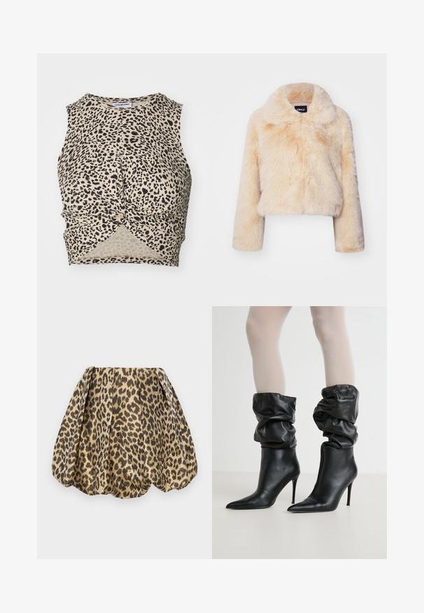 Lahek bež jakna iz umetnega krzna, s širokim ovratnikom in dolgimi rokavi, s mehko in puhasto teksturo ter brez vidnih zapiral. ; Cropped majica s leopard uzorkom u bež boji s crnim točkama, koja ima detalj s uvijenim prednjim dijelom i glatku, laganu tkaninu.; Sister Jane LOLA SKIRT - Krilo A-kroja - tan; Črne usnjene gležnjarje z ohlapnim dizajnom, koničastim nosom in visokim stiletto peto, ki imajo mehak, teksturiran zaključek okoli zaveza.