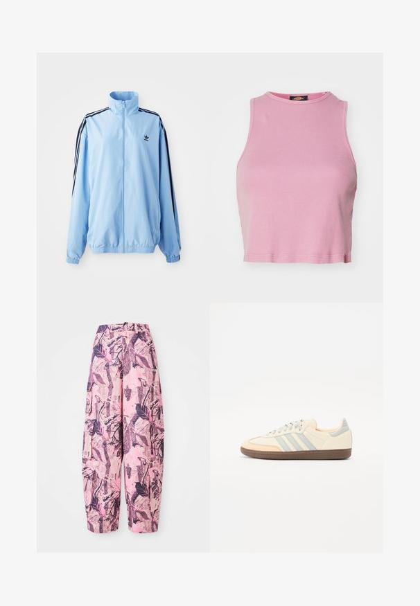 Giacca azzurro chiaro in nylon, con colletto alto, strisce nere ai lati, polsini elastici e un piccolo logo nero sul petto.; Top crop rosa a coste con scollatura rotonda e design senza maniche. Presenta un orlo che termina appena sopra la vita.; Pantaloni a gamba larga rosa e viola con un motivo a foglie e rami, dotati di vita alta e tasche laterali per una maggiore funzionalità.; Sneaker con una toma in pelle crema, strisce azzurre chiare e accenti pesca. Presenta una suola in gomma marrone testurizzata e un design minimalista.