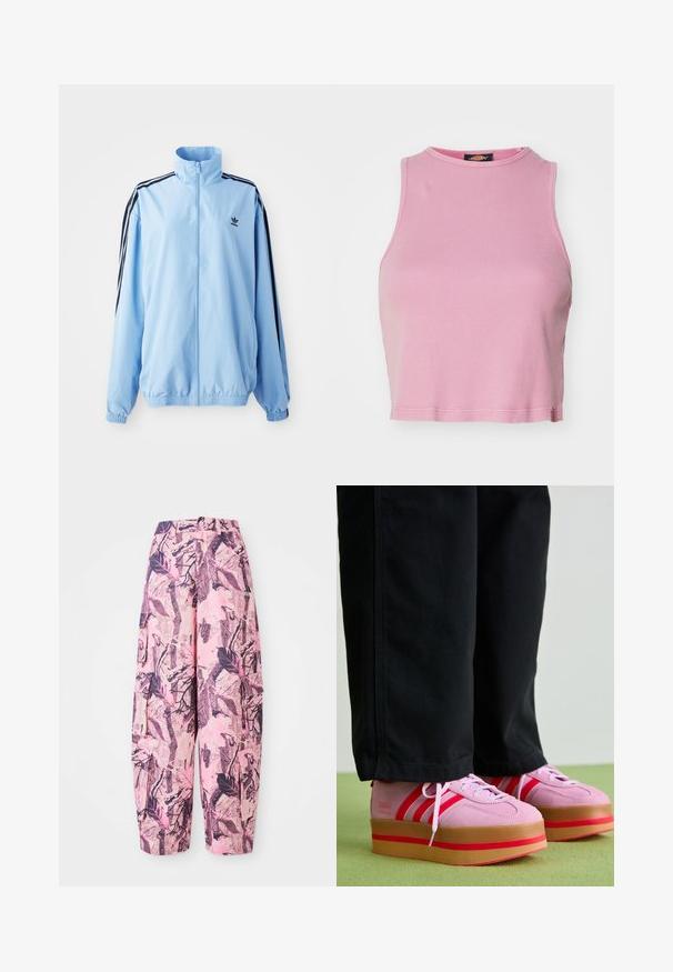 Hele sinine nailonist jakk, millel on kõrge krae, mustad küljeribad, elastsed mansetid ja rinnal väike must logo.; Roosa ribaga lühike topp ümmarguse kaeluse ja lühikeste varrukateta disainiga. Omab hemii, mis lõpeb just vöökoha kohal.; Roosa ja lilla mustriga laiad püksid, millel on lehe- ja oksadisain, kõrge talje ning küljetaskud lisafunktsionaalsuse jaoks.; Roosa sametist platvormi tossud punaste aktsentide ja kolme riba ning paksu, läbipaistva kummitaldaga, kombineeritud mustade pükstega.