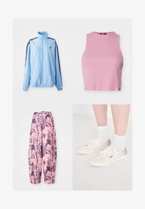 Hele sinine nailonist jakk, millel on kõrge krae, mustad küljeribad, elastsed mansetid ja rinnal väike must logo.; Roosa ribaga lühike topp ümmarguse kaeluse ja lühikeste varrukateta disainiga. Omab hemii, mis lõpeb just vöökoha kohal.; Roosa ja lilla mustriga laiad püksid, millel on lehe- ja oksadisain, kõrge talje ning küljetaskud lisafunktsionaalsuse jaoks.; Heledad värviga kangast tossud valgete paeltega, roosa ja beeži aktsendiga, valge kummitald ja logo küljel.