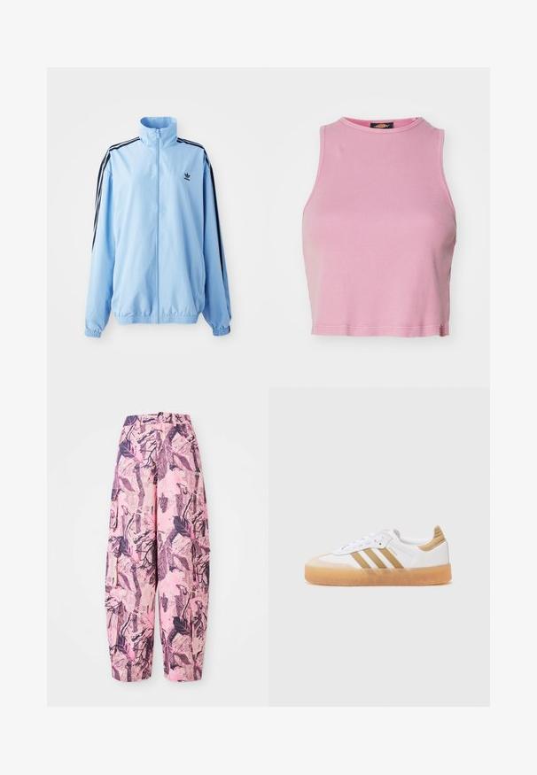 Svijetloplava jakna od najlona, s visokim ovratnikom, crnim bočnim trakama, elastičnim manžetama i malim crnim logotipom na prsima.; Ružičasti rebrasti kratki top s okruglim izrezom i bez rukava. Ima donji rub koji završava odmah iznad struka.; Roze i ljubičaste široke hlače s uzorkom sadrže dizajn lišća i grana, s visokim strukom i bočnim džepovima za dodatnu funkcionalnost.; Bijela tene s bež akcentima, s tri pruge, okruglim vrhom i prozirnim gumiranim đonom. Izrađene su od glatke kože i tekstilnih materijala.
