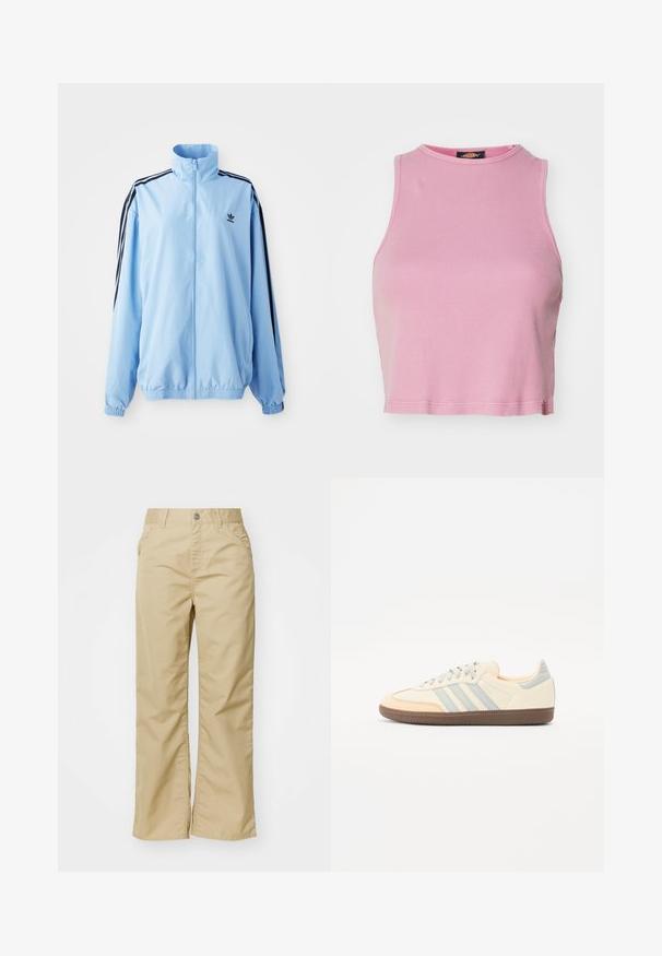 Gai zils jaka, kas izgatavota no neilona, ar augstu apkakli, melniem sānu svītrainiem, elastīgām piedurknēm un mazu melnu logotipu uz krūtīm.; Rozā ribota krekla virsotne ar apaļu kakla izgriezumu un bez piedurknēm. Aprīkota ar apakšmalu, kas beidzas tieši virs jostas.; Beigu kokvilnas platā kāju bikses ar gludu tekstūru, ar priekšējām kabatām un sudraba pogu pie jostas.; Sniega apavi ar krēmkrāsas ādas virsu, gaiši ziliem svītrām un persiku akcentiem. Izceļas ar strukturētu brūnu gumijas zoli un minimālistisku dizainu.