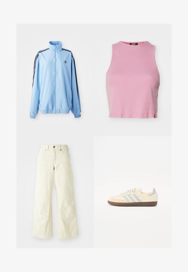 Jasnoniebieska kurtka wykonana z nylonu, z wysokim kołnierzem, czarnymi paskami po bokach, elastycznymi mankietami oraz małym czarnym logo na piersi.; Różowy prążkowany top typu crop z okrągłym dekoltem i bezrękawowym krojem. Posiada dół kończący się tuż nad talią.; Beżowe spodnie w szerokim kroju wykonane z bawełny, z wysokim stanem, dużymi przednimi kieszeniami oraz gładką teksturą z minimalnymi detalami przeszycia.; Sneakers z kremową skórzaną cholewką, jasnoniebieskimi paskami i brzoskwiniowymi akcentami. Posiadają teksturowaną brązową gumową podeszwę oraz minimalistyczny design.