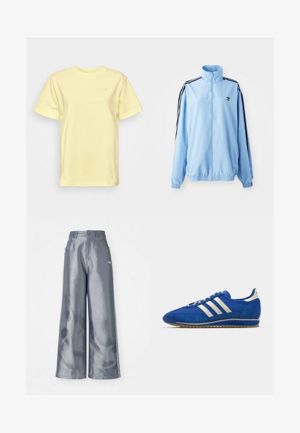 Jaqueta azul clara em nylon, com colarinho alto, riscas pretas nas laterais, punhos elásticos e um pequeno logotipo preto no peito.; T-shirt amarela feita de algodão, com mangas curtas e decote redondo. Logótipo subtil em amarelo a condizer no peito esquerdo.; Calças de pernas largas em material cinza brilhante, com riscas brancas nas laterais e um padrão de chamas na parte inferior das pernas. Fecho com botão e fecho éclair na cintura.; Sapatilha azul em camurça com perfil baixo, apresentando três riscas brancas, um bico texturizado e uma sola de borracha de goma.