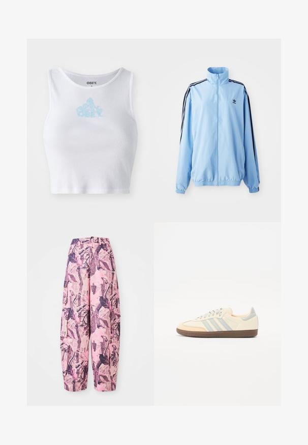 Hele sinine nailonist jakk, millel on kõrge krae, mustad küljeribad, elastsed mansetid ja rinnal väike must logo.; Valge ribav koekahvel, millel on ümmargune kaelus ja kerge sinine "OBEY" logo rinna kohal. sile tekstuur ja keha lähedane disain.; Roosa ja lilla mustriga laiad püksid, millel on lehe- ja oksadisain, kõrge talje ning küljetaskud lisafunktsionaalsuse jaoks.; Kreemivärvi nahast ülemise osaga sneakersid, helebeežide triipude ja virsiku aktsentidega. Omab tekstuurset pruunist kummist tallat ja minimalistikku disaini.