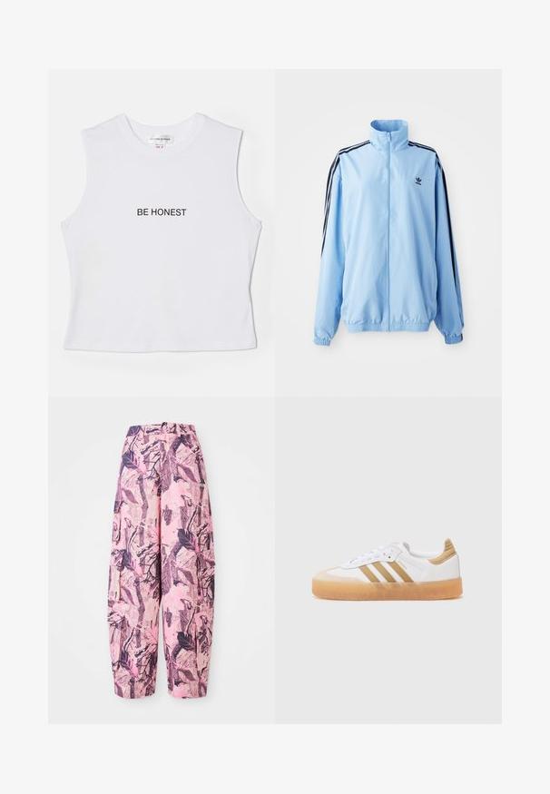 Hele sinine nailonist jakk, millel on kõrge krae, mustad küljeribad, elastsed mansetid ja rinnal väike must logo.; Valge ilma varrukateta lühike topp, mis on valmistatud puuvillast, ümmarguse kaelusega, ees on trükitud must tekst "OLE AUS". Lihtne disain.; Roosa ja lilla mustriga laiad püksid, millel on lehe- ja oksadisain, kõrge talje ning küljetaskud lisafunktsionaalsuse jaoks.; Valge tennisekets, millel on beežid aktsendid, kolmerealine mustriga, ümar toe ja läbipaistev kummitald. Sile nahk ja tekstiilmaterjalid.