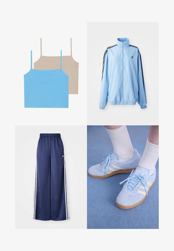 Lyseblå jakke lavet af nylon, med høj krave, sorte sidestropper, elastiske manchetter og et lille sort logo på brystet.; Even&Odd 2 PACK - Top - azure blue/simply taupe; Mørkeblå brede bukser med lodrette hvide striber, elastisk talje og tre hvide striber langs hver side, lavet af et let materiale.; Lyseblå ruskindsneakers med hvide striber, flade snørebånd og en sål af gummirubber. Ribbet hvide sokker bæres over anklen.