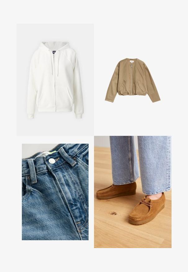 Tan bomberjakke lavet af glat, let materiale, med en frontlynlås, to sidelommer og en rund halsudskæring med sænkede skuldre.; GAP NEW HOODIE - Sweatjakke - off white; Hvid kortærmet t-shirt lavet af bomuld. Har en rund halsudskæring og en afslappet pasform. Glat tekstur uden synlige mønstre eller detaljer.; Denimjeans har en lys blå farve med whiskeringdetaljer. Linningen inkluderer en metalknap og synlige sømme langs sømmene.; Brune ruskindsko med en rund tå og tanfarvet gummisål, der har et simpelt snørebåndsdesign, parret med lyseblå denimbukser.