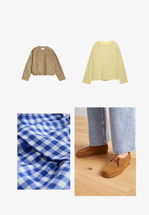 Veste bomber beige en matériau lisse et léger, avec une fermeture éclair à l'avant, deux poches latérales et un col arrondi avec des épaules tombantes.; Haut à manches longues jaune avec des rayures horizontales gris foncé, décolleté rond et coupe décontractée. Fabriqué en tissu doux et léger.; Tissu à carreaux bleu et blanc avec une texture douce, comportant de petits carrés en nuances de bleu alternées. Inclut un détail en bordure froncée.; Chaussures en daim marron à bout rond et semelle en caoutchouc beige, présentant un design de lacets simple, associées à un pantalon en denim bleu clair.