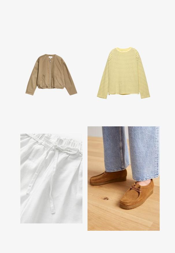 Tansfarbene Bomberjacke aus glattem, leichtem Material, mit einem frontalen Reißverschluss, zwei Seitentaschen und einem runden Halsausschnitt mit überschnittenen Schultern.; Langärmliges gelbes Oberteil mit horizontalen dunkelgrauen Streifen, Rundhalsausschnitt und lockerer Passform. Hergestellt aus weichem, leichtem Stoff.; Weiße Leinenhose mit einem elastischen Bund und passendem Kordelzug sowie einem weichen, strukturierten Stoff für Komfort und Atmungsaktivität.; Braune Wildlederschuhe mit runder Spitze und beige Gummisohle, ausgestattet mit einem schlichten Schnürdesign, kombiniert mit hellblauen Jeans.