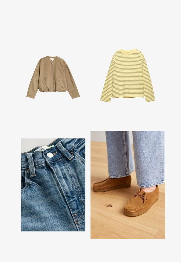 Béžová bomber bunda vyrobená z hladkého, lehkého materiálu, s předním zipem, dvěma postranními kapsami a kulatým výstřihem s spadlými ramenními švy.; Dlouhý rukáv žlutý top s horizontálními tmavě šedými pruhy, kulatým výstřihem a volným střihem. Vyrobeno z měkké, lehké tkaniny.; Denimové džíny mají světle modrou barvu s detaily whiskeringu. Pas obsahuje kovový knoflík a viditelné švy podél švů.; Hnědé semišové boty s kulatou špičkou a světle hnědou gumovou podrážkou, s jednoduchým šněrováním, spárované s světle modrými denimovými kalhotami.