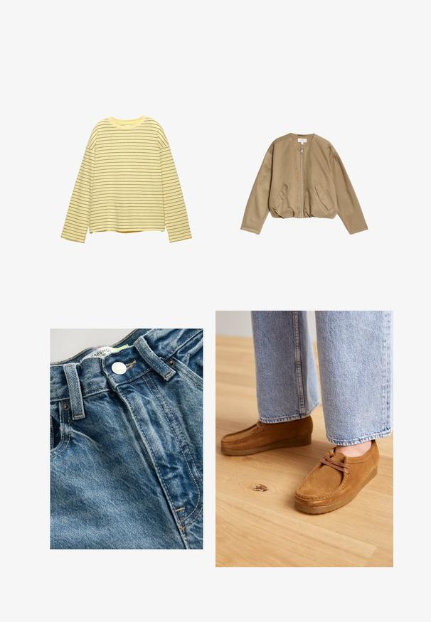Veste bomber beige en matériau lisse et léger, avec une fermeture éclair à l'avant, deux poches latérales et un col arrondi avec des épaules tombantes.; Haut à manches longues jaune avec des rayures horizontales gris foncé, décolleté rond et coupe décontractée. Fabriqué en tissu doux et léger.; Des jeans en denim présentent une couleur bleu clair avec des détails de vieillissement. La ceinture comporte un bouton en métal et des coutures visibles le long des coutures.; Chaussures en daim marron à bout rond et semelle en caoutchouc beige, présentant un design de lacets simple, associées à un pantalon en denim bleu clair.