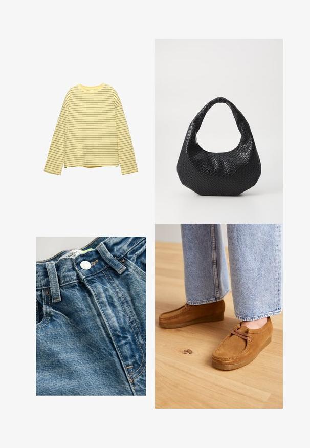 Béžová bomber bunda vyrobená z hladkého, lehkého materiálu, s předním zipem, dvěma postranními kapsami a kulatým výstřihem s spadlými ramenními švy.; Dlouhý rukáv žlutý top s horizontálními tmavě šedými pruhy, kulatým výstřihem a volným střihem. Vyrobeno z měkké, lehké tkaniny.; Denimové džíny mají světle modrou barvu s detaily whiskeringu. Pas obsahuje kovový knoflík a viditelné švy podél švů.; Hnědé semišové boty s kulatou špičkou a světle hnědou gumovou podrážkou, s jednoduchým šněrováním, spárované s světle modrými denimovými kalhotami.; Černá tkaná kabelka s křivým uchem, vybavena texturovaným povrchem a uvolněným tvarem. Hladký povrch s organickou siluetou.