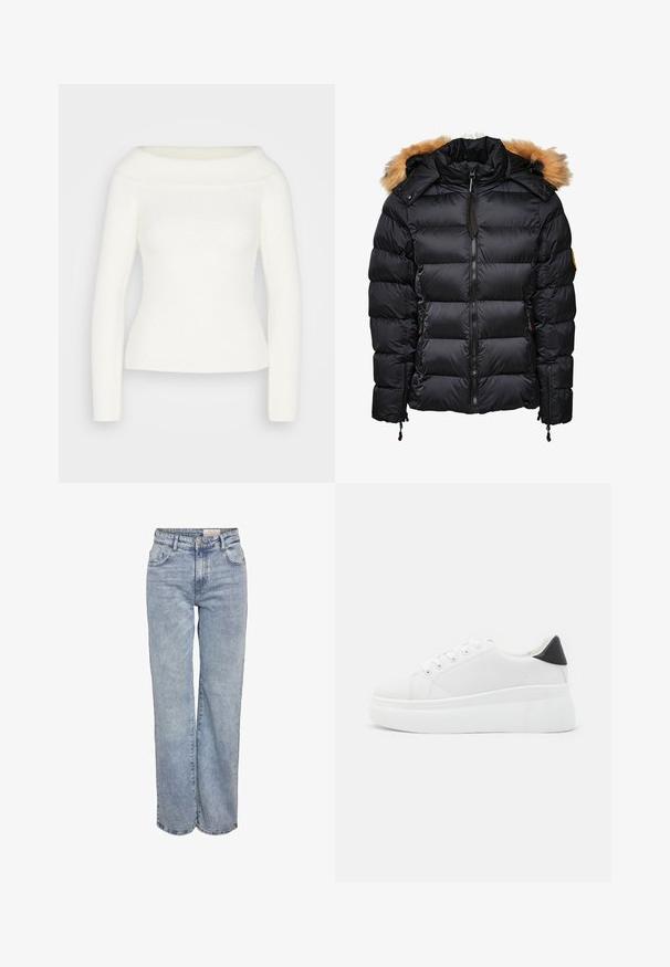 Crna puffer jakna s odvojivim kapuljačom obrezanom krznom, okretnim dizajnom i zatvaračem sprijeda, s bočnim džepovima i podešavanjima uzicom.; Bijela off-the-shoulder majica sa dugim rukavima, rebrastog tekstura i prilagođenog kroja. Mekani, udobni materijal bez vidljivih uzoraka ili dodataka.; Svijetloplave široke traperice napravljene od denima, s visokim strukom, dizajnom od pet džepova i suptilnim izbljeđivanjem za izgled nošenih traperica.; Bijele platforme tenisice napravljene od glatkog sintetičkog materijala, s okruglim vrhom, dizajnom s vezanjem i teksturiranom gumenom potplatom. Crni detalj na peti.
