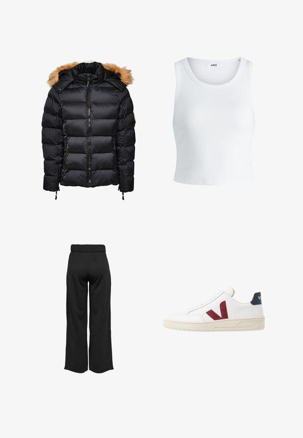 Melnā pūkaina jaka ar noņemamu kažokādas apmalēm, iešūtu struktūru un rāvējslēdzēju priekšpusē, ar sānu kabatām un aukliņu regulējumiem.; Balts ribots topiņš ar apaļu kakla izgriezumu, bez piedurknēm un īsā garumā. Uz birkas ir rakstīts "JJXX." Gluda auduma tekstūra.; Melnas, platas bikses ar elastīgu jostu, izgatavotas no gludas auduma. Iespējamā tīra dizaina ar bez kabatām un redzamām šuvēm.; Baltā ādas sporta apava ar burgundijas krāsas 'V' logotipu, teksturētu gumijas zoli un zemūdens akcentu uz papēža; iekļauj klasisku saistīšanas dizainu.