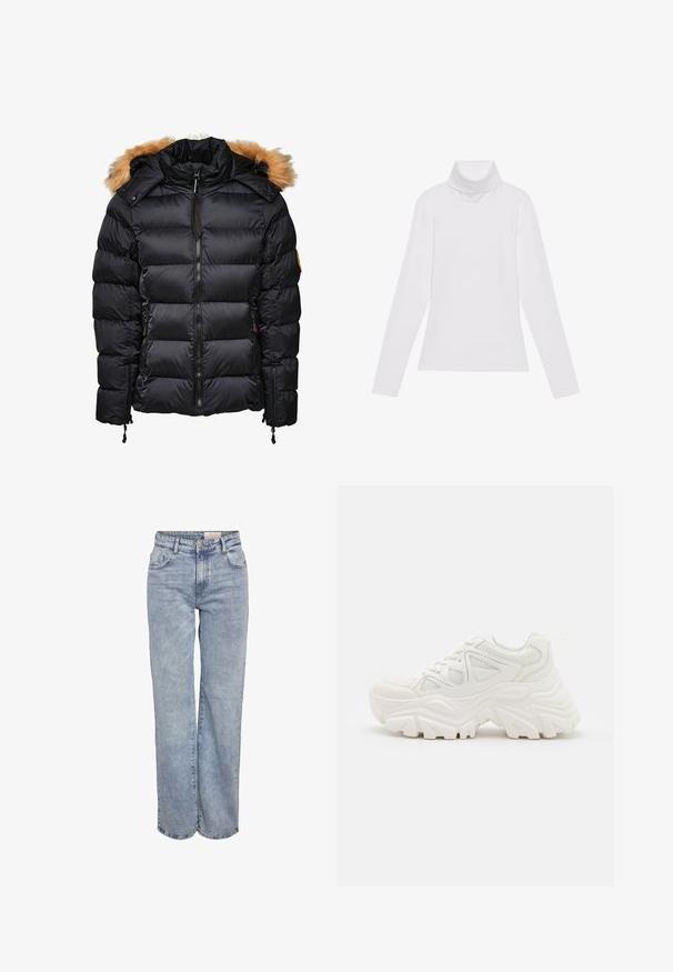 Musta puhvijakki irrotettavalla karvakauluksella, tikattu muotoilu ja vetoketjukiinnitys, jossa on sivutaskut ja kiristysnyörit.; Valkoinen pitkähihaisella poololla varustettu paita, joka on valmistettu sileästä ja joustavasta kankaasta. Ominaisuuksiin kuuluu korkeakauluksinen ja tiukka malli, ilman näkyviä kuvioita tai koristeita.; Vaaleansiniset leveälahkeiset farkut, jotka on valmistettu denimistä. Niissä on korkea vyötärö, viisi taskua ja hienovarainen kuluminen, joka luo käytetyn ilmeen.; Valkoiset paksut lenkkarit, joissa on teksturoitu päällinen, verkkomaiset paneelit ja paksut kumipohjat, joissa on merkittävä kuviointi. Nauhat ja vetotappi mukana.