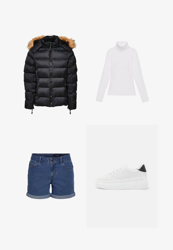 Crna puffer jakna s odvojivim kapuljačom obrezanom krznom, okretnim dizajnom i zatvaračem sprijeda, s bočnim džepovima i podešavanjima uzicom.; Bijela majica dugih rukava s rolificom izrađena od glatkog, rastezljivog materijala. Ima visoki ovratnik i uski kroj, bez vidljivih uzoraka ili ukrasa.; Traper šorts u tamnoplavoj boji s klasičnim krojem. Ima podvrnute rubove, dva prednja džepa i zatvaranje na dugme. Glatka tekstura.; Bijele platforme tenisice napravljene od glatkog sintetičkog materijala, s okruglim vrhom, dizajnom s vezanjem i teksturiranom gumenom potplatom. Crni detalj na peti.