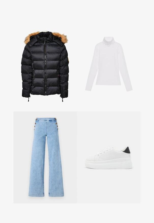 Giacca a vento nera con cappuccio staccabile rifinito in pelliccia, design trapuntato e chiusura con zip, dotata di tasche laterali e regolazioni con cordino.; Maglia a maniche lunghe bianca a collo alto realizzata in tessuto morbido ed elastico. Presenta un colletto alto e un design aderente, senza motivi o decorazioni visibili.; Jeans ampi in denim azzurro chiaro con vita alta, dotati di dettagli in metallo lungo i lati e una texture liscia, leggermente consumata.; Sneakers platform bianchi realizzati in materiale sintetico liscio, con punta arrotondata, design con lacci e suola in gomma texture. Accento nero nel tallone.