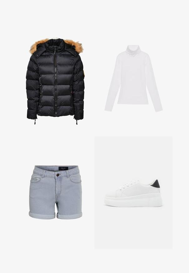 Giacca a vento nera con cappuccio staccabile rifinito in pelliccia, design trapuntato e chiusura con zip, dotata di tasche laterali e regolazioni con cordino.; Maglia a maniche lunghe bianca a collo alto realizzata in tessuto morbido ed elastico. Presenta un colletto alto e un design aderente, senza motivi o decorazioni visibili.; Shorts in denim azzurro chiaro con orlo arrotolato, dotati di cinque tasche e chiusura con bottone. Il tessuto ha una texture liscia e dettagli di cucitura sottili.; Sneakers platform bianchi realizzati in materiale sintetico liscio, con punta arrotondata, design con lacci e suola in gomma texture. Accento nero nel tallone.