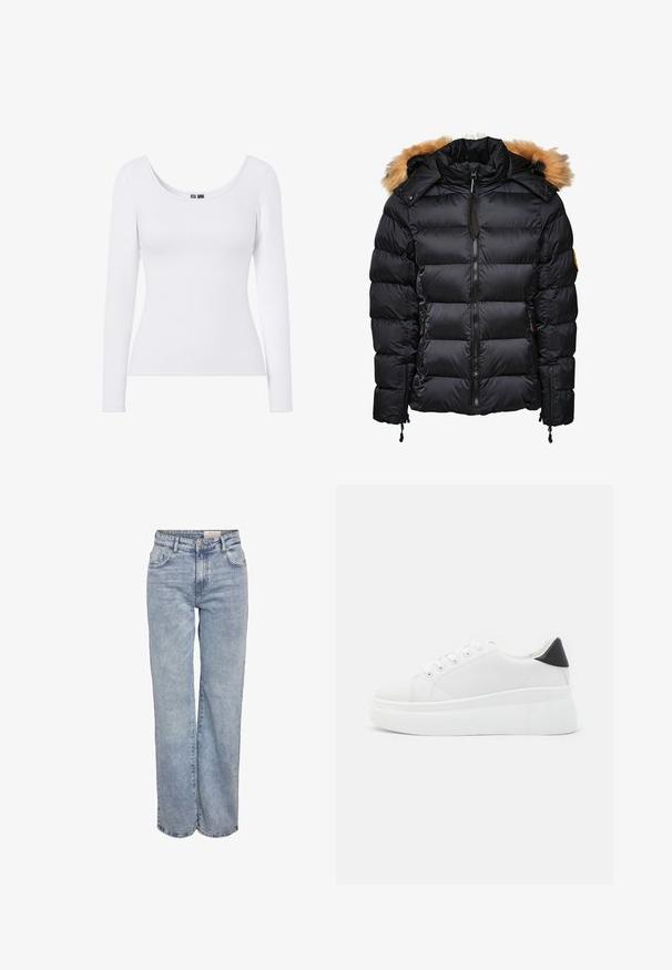 Casaco puffer preto com capuz destacado com pelagem, design acolchoado e fecho éclair à frente, apresentando bolsos laterais e ajustes com cordão.; Camisola branca de manga longa com decote em forma de U e textura canelada, desenhada para um silhueta justa. Sem padrões ou detalhes.; Jeans de perna larga em azul-claro, feitos de denim, com cintura alta, design de cinco bolsos e um desvanecimento sutil para um aspeto usado.; Tênis plataforma brancos feitos de material sintético suave, apresentando ponta arredondada, design com cadarços e sola de borracha texturizada. Acento preto no calcanhar.