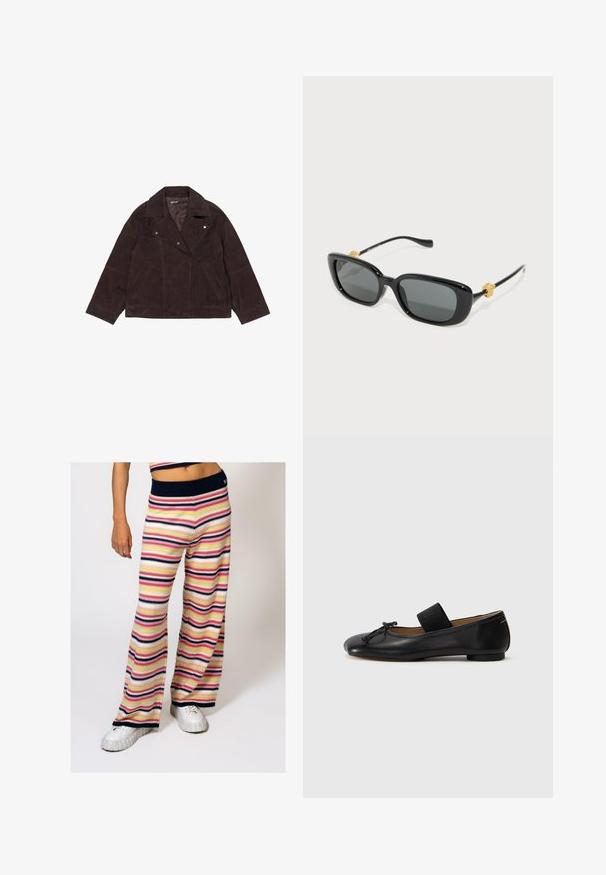 Brown suede motorcycle jacket with a wide lapel, silver snap buttons, and two front pockets. Features a relaxed fit and smooth texture.; White cotton tank top with wide shoulder straps, a round neckline, and a smooth, ribbed texture. No patterns or accents present.; Striped knit wide-leg pants feature horizontal stripes in pink, yellow, navy, and white, with a navy ribbed waistband and soft texture.; Black leather ballet flats with a rounded toe, a small knot detail, and an elastic strap across the instep for a secure fit. Flat sole.; Black rectangular sunglasses with gray lenses and gold lion head accents on the temples. Smooth plastic frame, sleek design.