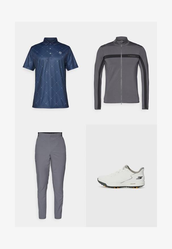Pelēks sporta žakets ar augstu apkakli, pilnu rāvējslēdzēju priekšpusē, melnām sānu svītrām un logotipa detaļu. Izgatavots no gludas, stieptas auduma.; Tumši zila polo krekls ar dimantu rakstu, izgatavots no gludas auduma. Trīs pogu apdare un maza logo akcents kreisajā krūtī.; Pelēki, sašaurināti bikses ar gludu faktūru, elastīgu jostu un sānu kabatām. Uz kreisā augšstilba ir neliels simbols.; Baltas sporta apavu modelis ar gludu augšpusi, pelēkiem akcentiem un teksturētu melnu zoli, kurā ir oranži uzgaļi. Viegls dizains, kas vērsts uz komfortu.