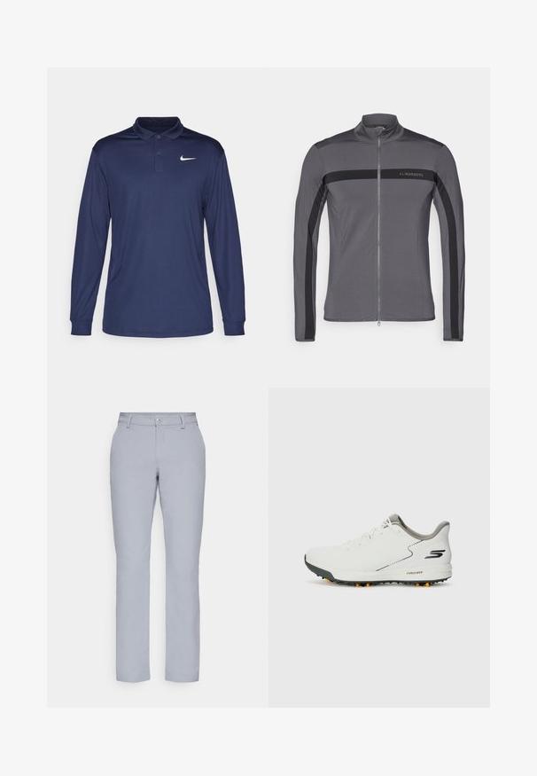 Szürke sportos dzseki magas gallérral, teljes cipzárral elöl, fekete oldalsó csíkokkal és logó részletezéssel. Simább, rugalmas anyagból készült.; Hosszúujjú, tengerészkék pólóing könnyű anyagból, kiemelkedő gallérral, gombos leállással és fehér Nike logóval a bal mellen.; Világosszürke nadrág egyenes szabással, gombos záródással, elülső zsebekkel és sima, texturált anyaggal. Minimalista dizájn, minta nélkül.; Fehér sportcipő sima felsőrésszel, szürke kiegészítőkkel és texturált fekete talppal, amelyen narancssárga tüskék találhatók. Könnyű, kényelemre összpontosító kialakítás.