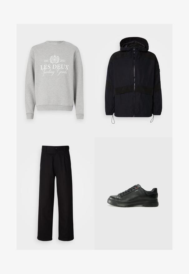 Veste noire avec capuche, dotée d'une fermeture éclair et de textures mates contrastées sur les épaules et la poitrine. Cordon de serrage ajustable à l'ourlet.; Sweatshirt gris clair à col rond, avec le texte imprimé en blanc "LES DEUX Sporting Goods" et un logo. Manches et ourlet côtelés.; Pantalon noir en tissu lisse, avec une coupe droite, des plis à l'avant et une fermeture à bouton unique à la taille.; Sneaker en cuir noir avec une tige texturée, un col rembourré et un détail de logo rouge. Caractéristiques d'une épaisse semelle en caoutchouc avec un motif de semelle distinct.