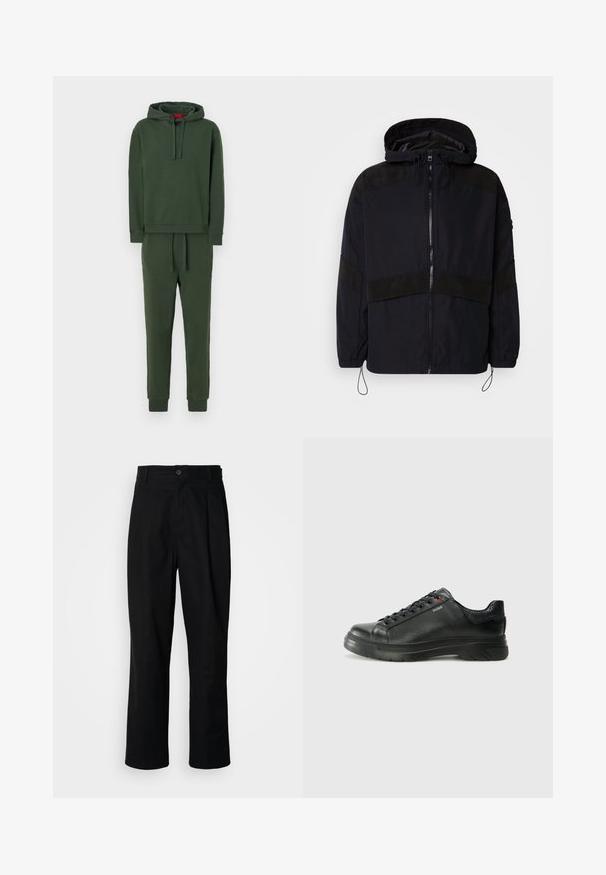Čierna bunda s kapucňou, vybavená zipsom a kontrastnými matnými textúrami na pleciach a hrudi. Nastaviteľná šnúrka v spodnej časti.; Súprava s kapucňou a teplákmi v tmavozelenej farbe. Mäkká tkanina, uvoľnený strih, nastaviteľná šnúrka v páse a rebrované manžety na rukávoch a členkoch.; Čierne nohavice s rovnými nohavicami, s gombíkovým pásom, pútkami na opasok a predným záhybom, vystavené na jednoduchej bielej pozadí.; Čierna kožená teniska s textúrovaným vrchom, polstrovaným golierom a červeným logom. Obsahuje hrubú gumovú podrážku s výrazným vzorom.