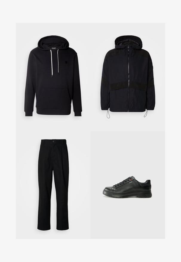 Fekete dzseki kapucnival, cipzáras záródással és kontrasztos matt textúrával a vállakon és a mellen. Állítható zsinór a szegélynél.; Fekete kapucnis pulóver puha anyagból, elülső kenguruzsebbel, húzózsinóros kapucnival és kicsi fekete logóval a mellkason.; Fekete egyenes szabású nadrág gombos derékkal, övrutakkal és elülső gyűrődéssel, egy sima fehér háttér előtt.; Fekete bőr sportcipő, textúrált felsőrésszel, párnázott bokarésszel és piros logóval. Vastag gumitalppal rendelkezik, amely jellegzetes futási mintázattal bír.