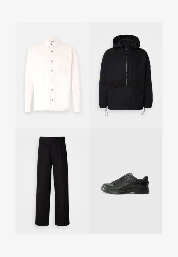 Czarna kurtka z kapturem, z zamkiem błyskawicznym oraz kontrastowymi matowymi teksturami na ramionach i klatce piersiowej. Regulowany sznurek u dołu.; Denim Project - Koszula; Czarne spodnie wykonane z gładkiego materiału, o prostym kroju nogawek, z fałdami z przodu i pojedynczym zapięciem na guzik w talii.; Czarne skórzane sneakersy z teksturowaną cholewką, miękkim kołnierzem i czerwonym logo. Posiadają grubą gumową podeszwę z wyraźnym wzorem bieżnika.