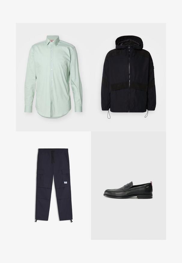 Chaqueta negra con capucha, que cuenta con un cierre de cremallera y texturas mates contrastantes en los hombros y el pecho. Cordón ajustable en el dobladillo.; HUGO KENNO - Camisa elegante - light/pastel green; Pantalones cargo de la marina hechos de un tejido ligero, con cintura elástica, cordón, múltiples bolsillos y cremalleras en los tobillos.; Mocasines de cuero negro con un panel frontal texturizado y laterales lisos. Presenta un tacón delgado y un lazo trasero para facilitar su uso. Diseño clásico.