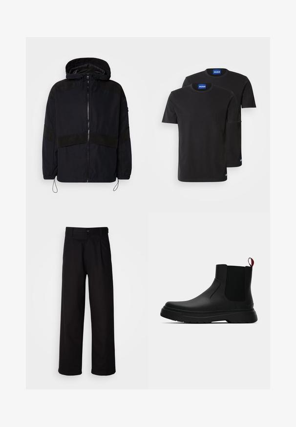 Črna jakna s kapuco, z zadrgo in kontrastnimi mat površinami čez ramena in prsi. Prilagodljiv vrvni trak na robu.; Dve črne bombažne majice s kratkimi rokavi in okroglim izrezom, z modrimi oznakami "HUGO" na ovratnikih in stranskih robovih.; Črne hlače iz gladkega blaga, s straight-leg obliko, sprednjimi pregibi in enim gumbom za zapiranje v pasu.; Črne gležnjarje z gladkim zaključkom, elastičnimi stranskimi paneli in kontrastnim rdečim izvlečnim trakom, ki vključujejo debel gumijast podplat in zaobljen nos.