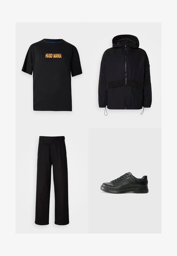Svart jakke med hette, med glidelås lukking og kontrasterende matte teksturer over skuldrene og brystet. Justerbar snor i nederkanten.; Svart bomull T-skjorte med korte ermer, med "HUGO MANIA" trykt i oransje på forsiden. Rund hals, avslappet passform.; Sorte bukser laget av glatt stoff, med rett ben-design, frontfold og en enkelt knapplukking i midjen.; Svarte lærsneakers med teksturert overdel, polstret krage og rød logodetalj. Har en tykk gummisåle med tydelig mønster.