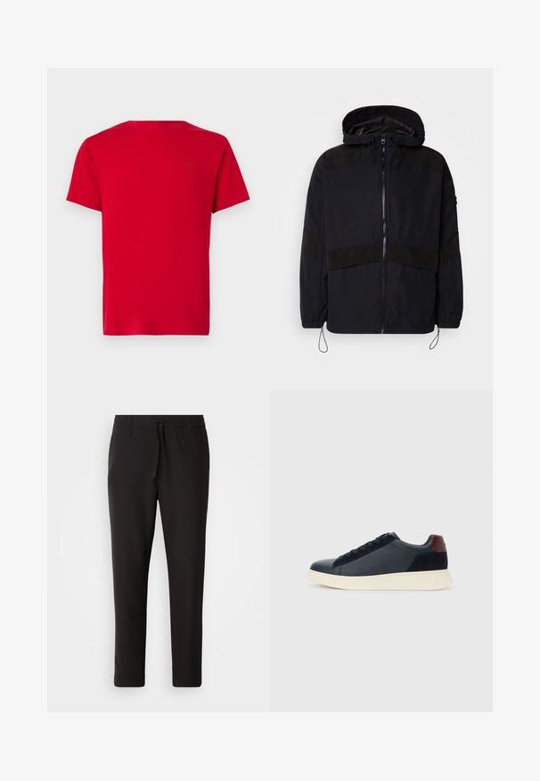 Casaco preto com capuz, apresentando um fecho de correr e texturas mate contrastantes nos ombros e no peito. Cordão ajustável na parte inferior.; T-shirt vermelha de gola redonda, mangas curtas, tecido de algodão, textura suave, apresentando uma pequena impressão de logótipo preto na parte de trás superior.; Calças de jogging pretas feitas de tecido liso. Apresentam uma cintura elástica com cordão, pernas ligeiramente ajustadas e sem bolsos visíveis. Design simples.; Sapatilha baixa masculina em couro preto e camurça com aba de calcanhar em amarelo-escuro e sola de borracha branca, vista do lado exterior.