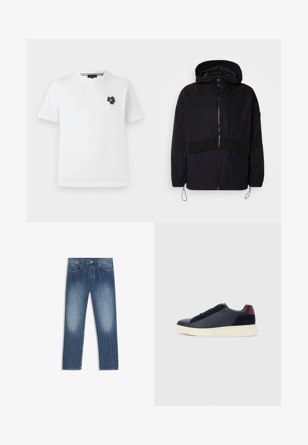 Črna jakna s kapuco, z zadrgo in kontrastnimi mat površinami čez ramena in prsi. Prilagodljiv vrvni trak na robu.; Bela bombažna majica s V-izrezom, ki ima majhen črn cvetlični vzorec na levem prsnem delu. Kratke rokave in sproščen kroj.; Denim kavbojke s pinstripes vzorcem, srednje modre barve, zbledelih delih, ravnim krojem nogavic, petimi žepi in kovinskim gumbom za zapiranje.; Nizke moške tenisice iz črnega usnja in semiša z vijoličnim petnim delom in belim gumijastim podplatom, prikazane s sprednje strani.
