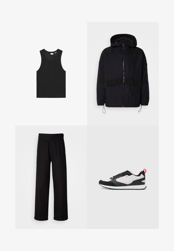 Fekete dzseki kapucnival, cipzáras záródással és kontrasztos matt textúrával a vállakon és a mellen. Állítható zsinór a szegélynél.; Fekete ujjatlan felső, texturált mintával, kerek nyakkivágással. Könnyű kötött anyagból készült.; Fekete nadrág sima anyagból, egyenes szárú kialakítással, elején pliszével és egy gombos záródással a deréknál.; Fekete és fehér sportcipők velúr és hálós felsőrésszel, piros húzózsinórral és texturált talppal. Fűzős kialakítás logóval.