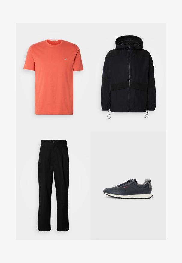 Giacca nera con cappuccio, dotata di chiusura con zip e texture opache a contrasto sulle spalle e sul petto. Coulisse regolabile all'orlo.; T-shirt in cotone a maniche corte di colore corallo con scollatura a girocollo e un piccolo logo ricamato sul petto. Tessuto liscio e vestibilità regolare.; Pantaloni neri a gamba dritta con vita con bottoni, passanti per cintura e piega frontale, esposti su uno sfondo bianco semplice.; Sneakers blu navy con una parte superiore in sintetico liscio, punta arrotondata, accenti grigi, design con lacci e una suola intermedia bianca con suola esterna nera testurizzata.