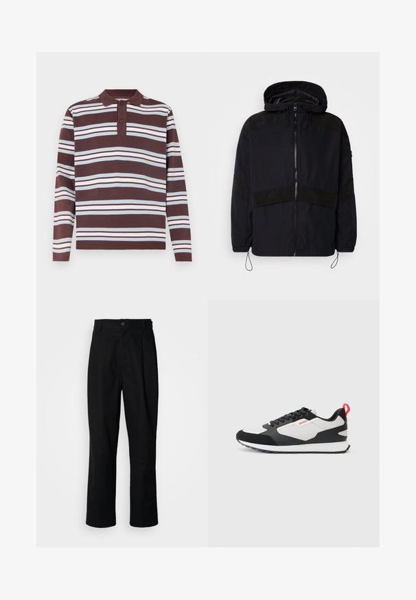 Svart jakke med hette, med glidelås lukking og kontrasterende matte teksturer over skuldrene og brystet. Justerbar snor i nederkanten.; Langermet polo skjorte i mørk brun med horisontale striper i hvit og lys blå. Har krage og tre knapper foran.; Sorte bukser med rette ben, med knappet liv, belteholdere og frontfold, vist mot en enkel hvit bakgrunn.; Svarte og hvite joggesko med overdel i semsket skinn og mesh, med en rød løftestropp og teksturert såle. Snøring med logo-detalj.