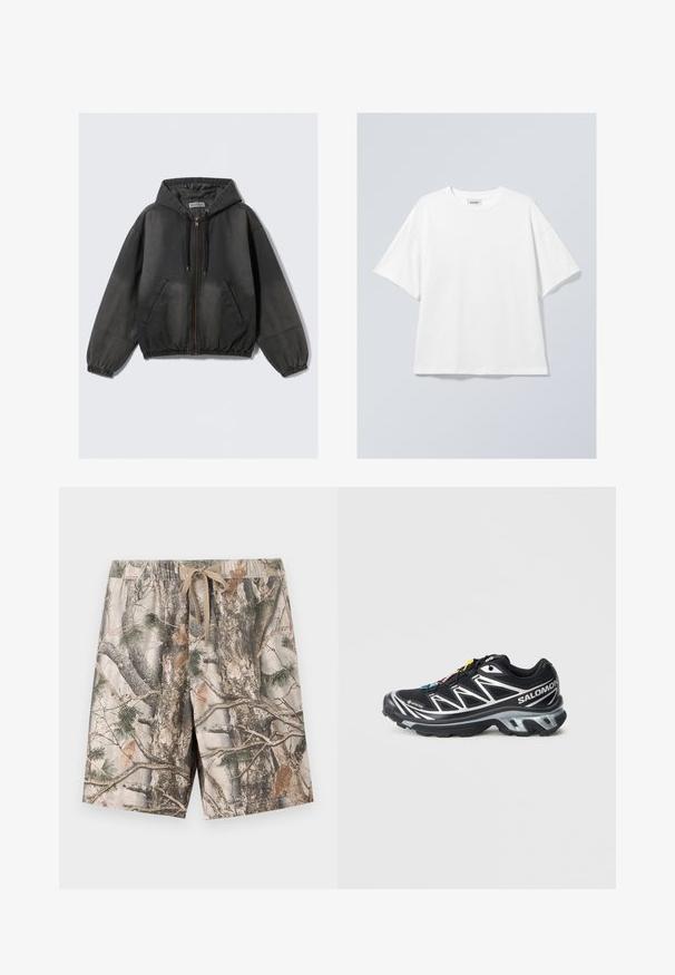 Musta rento vetoketjullinen huppari, jossa on nyörit, etutaskut, joustavat hihansuut ja helma, esillä yksinkertaisella valkoisella taustalla.; Valkoinen puuvillapaita, jossa on pyöreä kaula-aukko ja lyhyet hihat. Rentomallinen, ilman näkyviä kuvioita tai yksityiskohtia. Sileä tekstiili.; lyhyet farkut, joissa on maastokuvio ja kevyttä kangasta; elastinen vyötärö, jossa on nauhakuja; värit sisältävät beigeä, ruskeaa ja vihreää.; Musta juoksukenkä, jossa on hopeisia yksityiskohtia, GORE-TEX-materiaalia, teksturoitu pohja ja värikkäät nauhat. Sisältää pehmustetun kantapään tukemiseen.