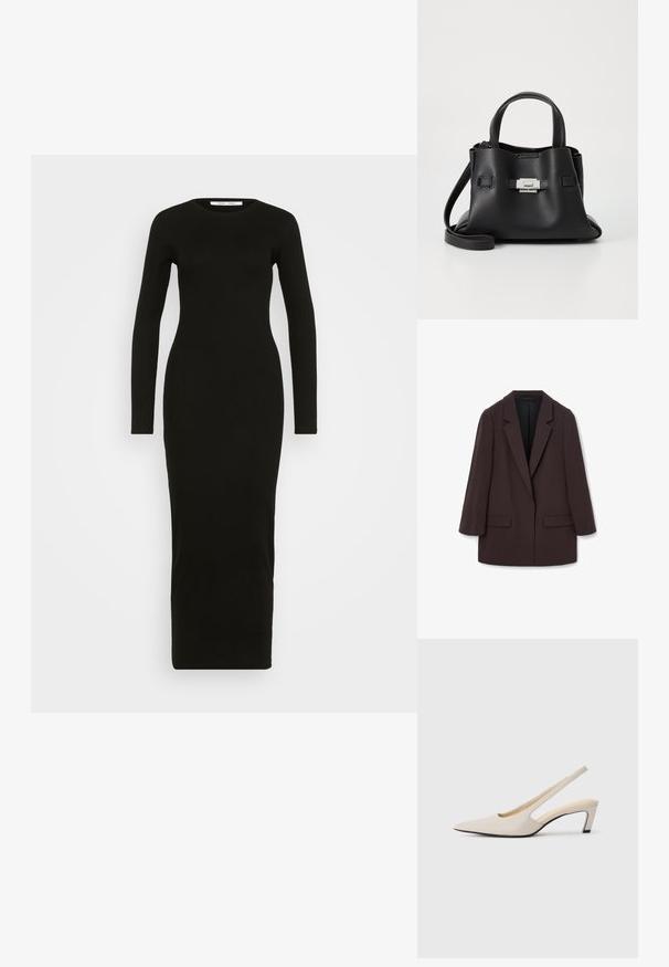 Brown oversized blazer with shawl lapels, two front pockets, and a smooth texture, featuring a single-button closure and relaxed silhouette.; Black long-sleeve jersey dress with a round neck, fitted silhouette, and ankle-length design. Smooth texture, no patterns or embellishments.; Pointed-toe slingback shoe in beige leather, featuring a cutout design, 5 cm block heel, and a smooth texture. Black sole accents.; Black leather handbag with a textured finish, featuring two top handles, a detachable shoulder strap, and a silver clasp detail.